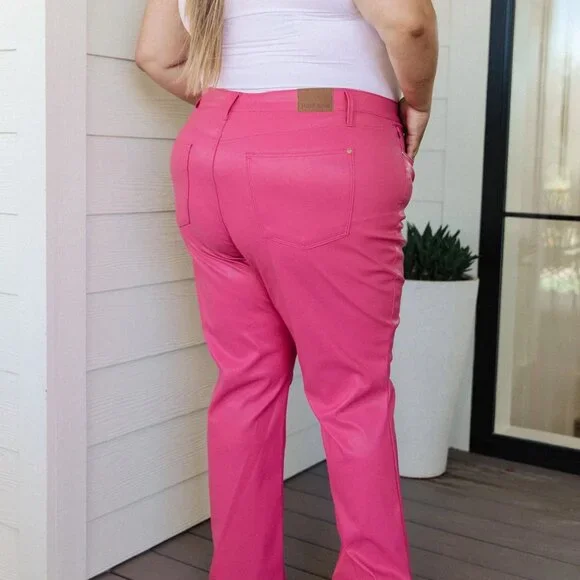 TANYA CONTROL TOP FAUX LEATHER PANTS IN HOT PINK - Picture 9 of 10